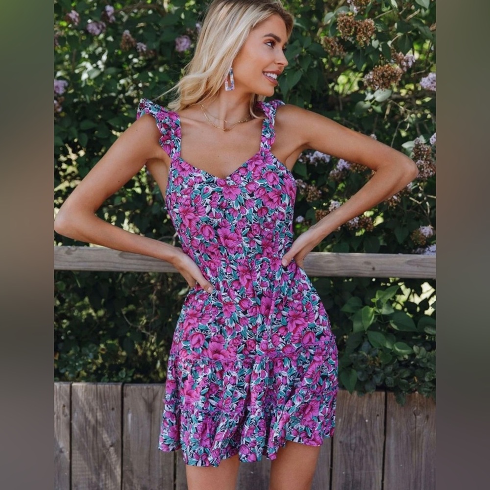 Pink floral back tie mini dress